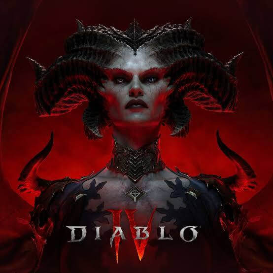 Diablo 4 cover art showing the main antagonist, lillith, stood centered with a red background.