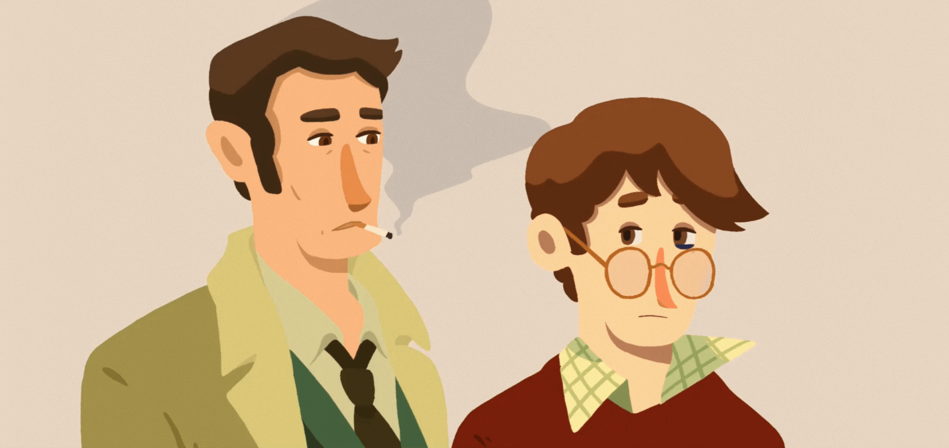 A still of the main character Eugène and Detective Malseki - your guide and hint giver for the game. Maleski is smoking a cigarette, playing up the moody detective stereotype.