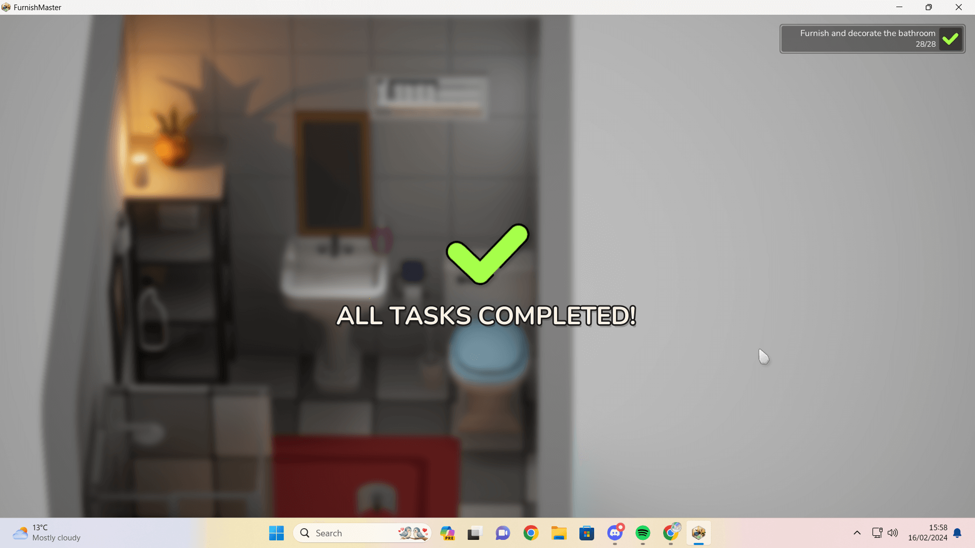 This picture shows "all tasks completed!" in the middle of the screen with a green tick hoovering above. In the background of the picture, you can see a bathroom that has been decorated by the player.
