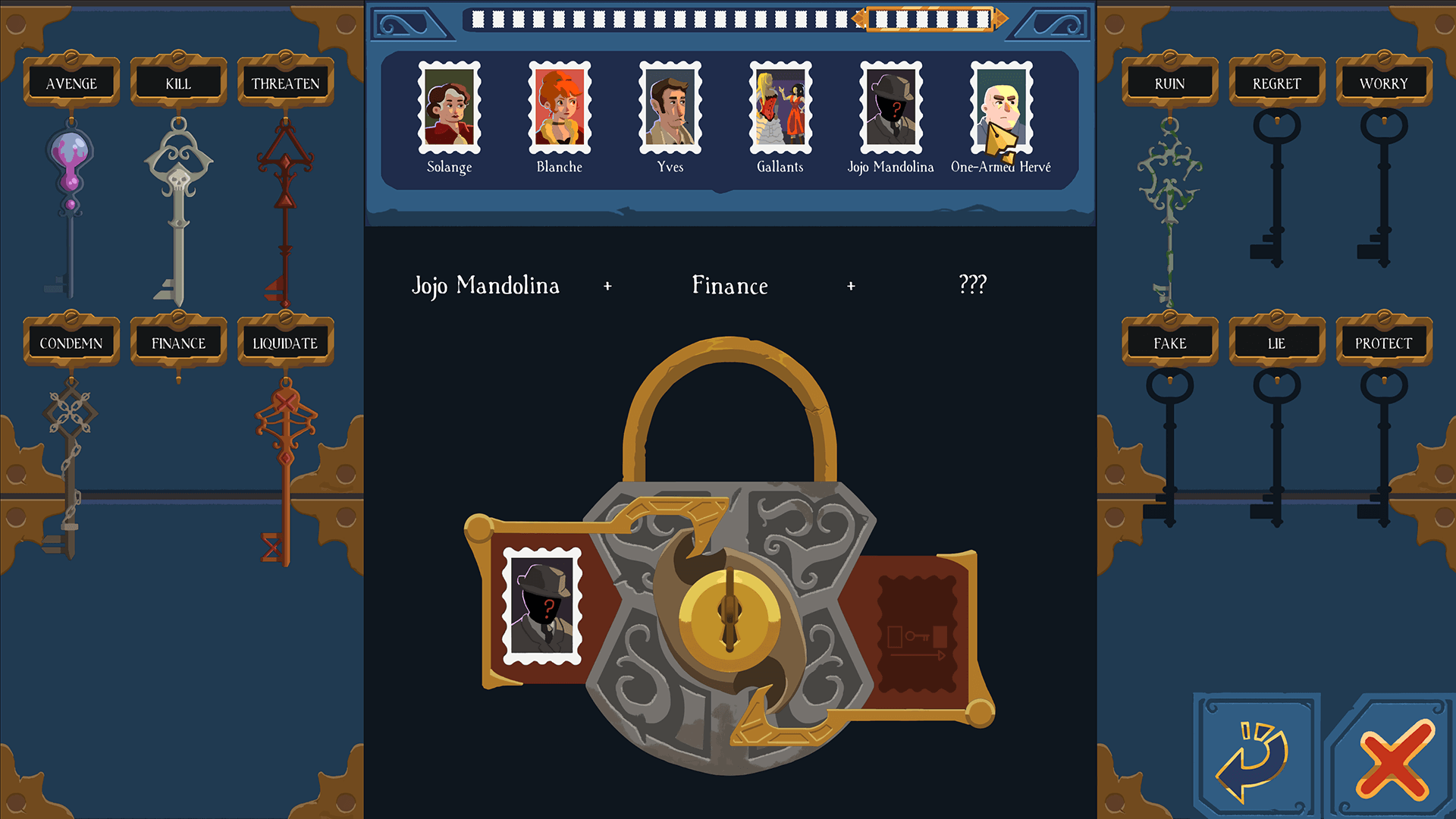 A padlock with two entry points and a list of characters. There are keys hanging on either side of the padlock that can be used to unlock the link and allow players access to the final confrontation.