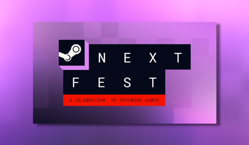 The splash image for Steam Next Fest. The logo and title are in the centre in capital letters on black and red backgrounds against a lavender pixellated background.