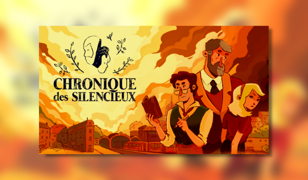 The game art for Chronique des Silencieux featuring the main character Eugène as well as other secondary characters that appear throughout the game. In the background you can see post-war Bordeaux and the town of Mériadeck where the game is set.