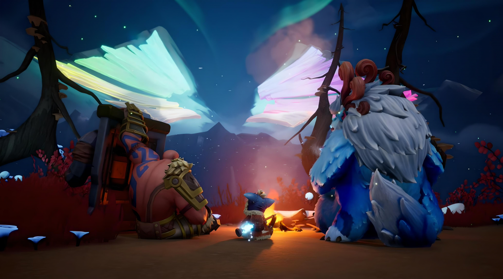 Braum, Nunu and Willump sitting around the fire looking towards "The winged Mountain"