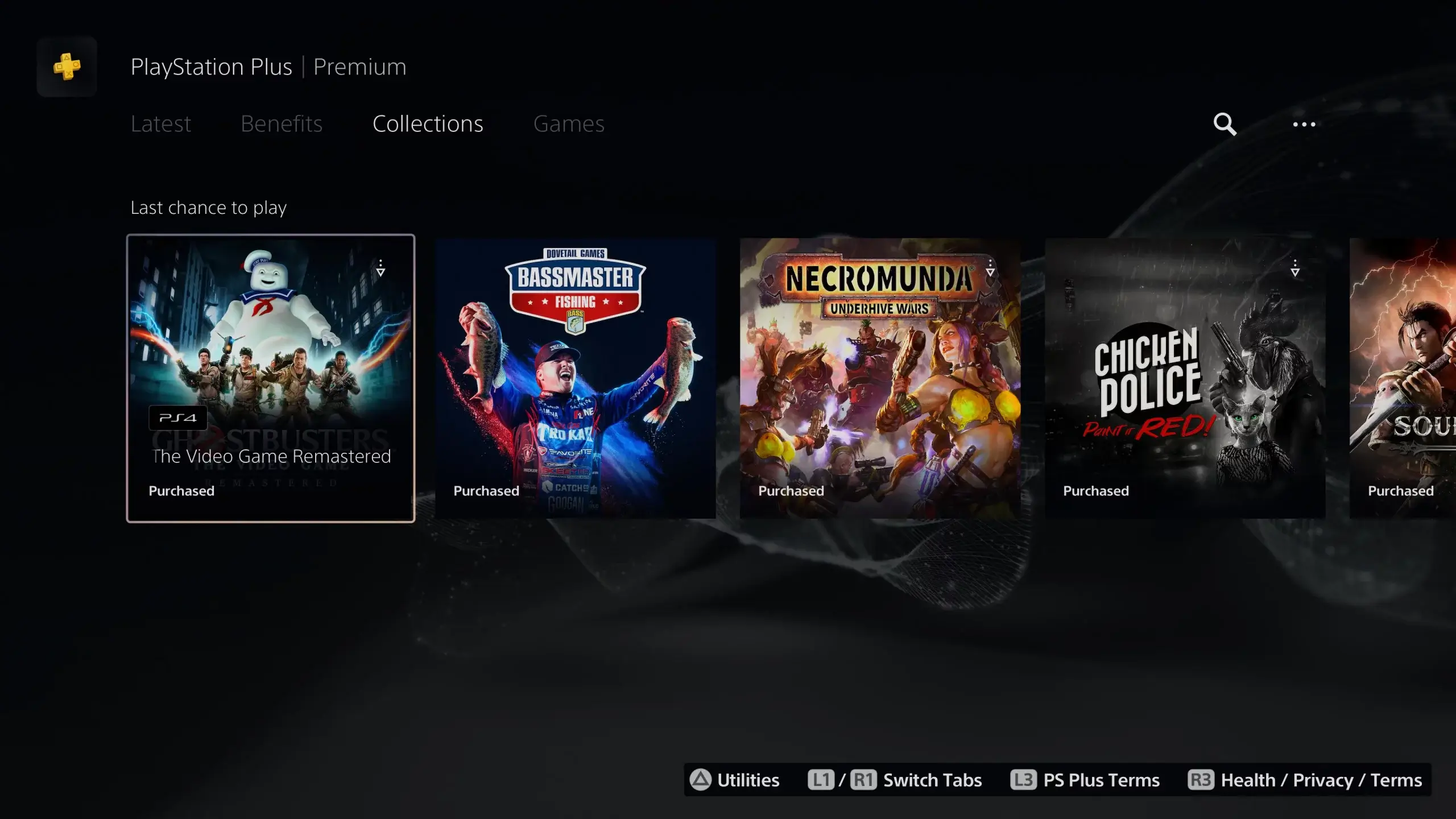 The PS5 user interface showing the "Last Chance to Play" game listed under the PlayStation Plus Collections tab. Key art is shown for games listed from left to right