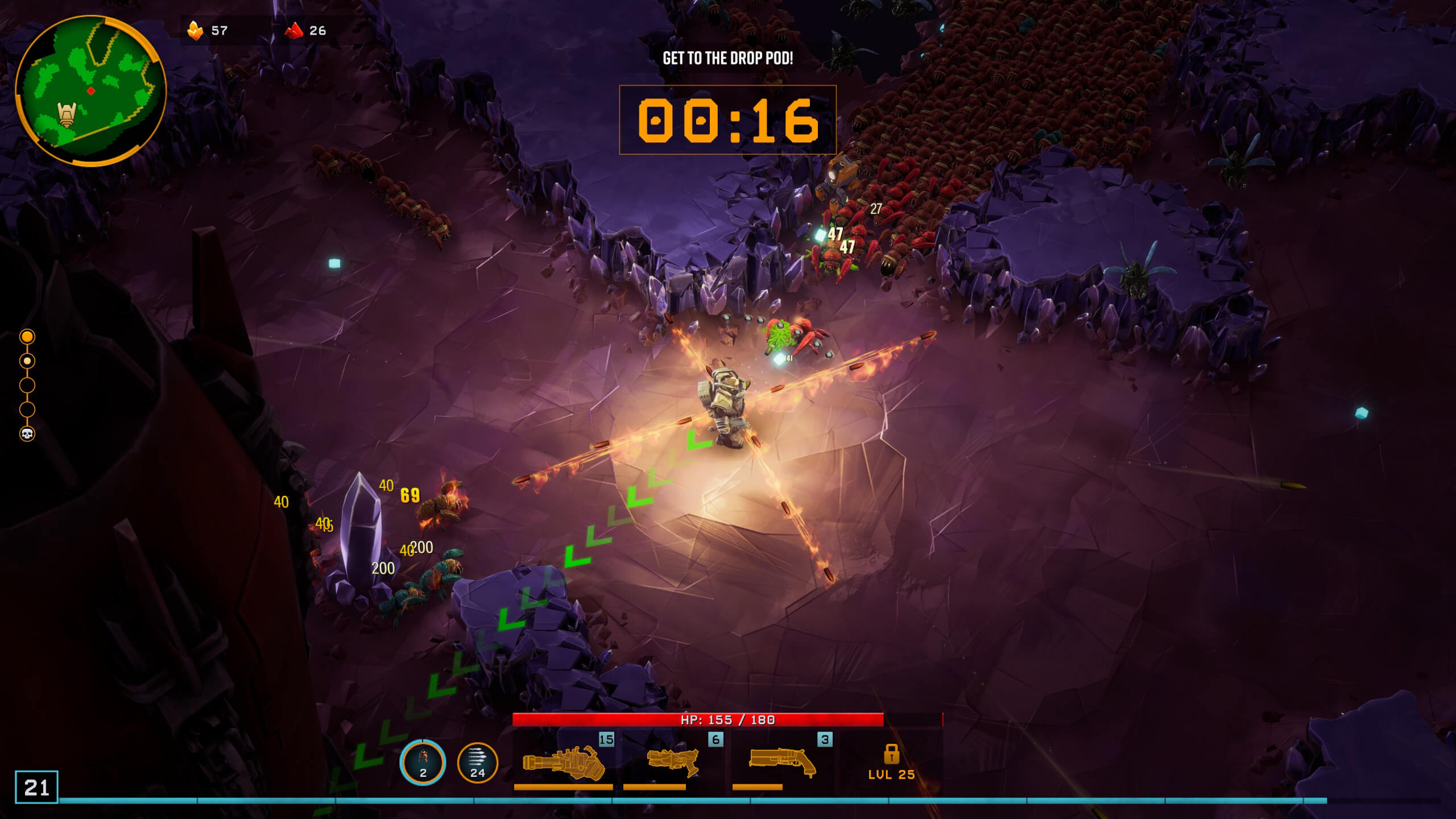 The gameplay is shown as the player character, while shooting flames out in four directions, attempts to make it to the drop pod in time to leave. A timer is shown at the top of the screen with 16 remaining seconds. Green arrows along the ground point the way to it. A very large group of many, many bugs trails close behind in the upper right area of the screen.