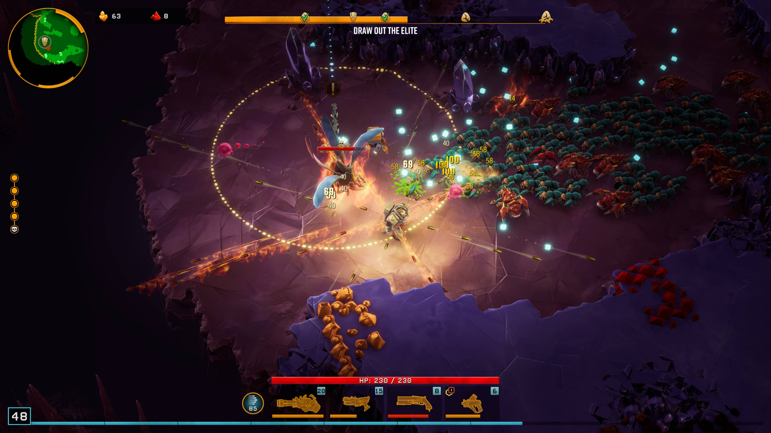 A screenshot of the game in action. The player's selected weapons are shown at the bottom of the screen and the dive timer at the top showing how far you have progressed to the elite. The gameplay shown is of a miner moving toward the left of the screen with a mass of bugs following close behind, getting killed in the process and leaving little xp gems in their wake.