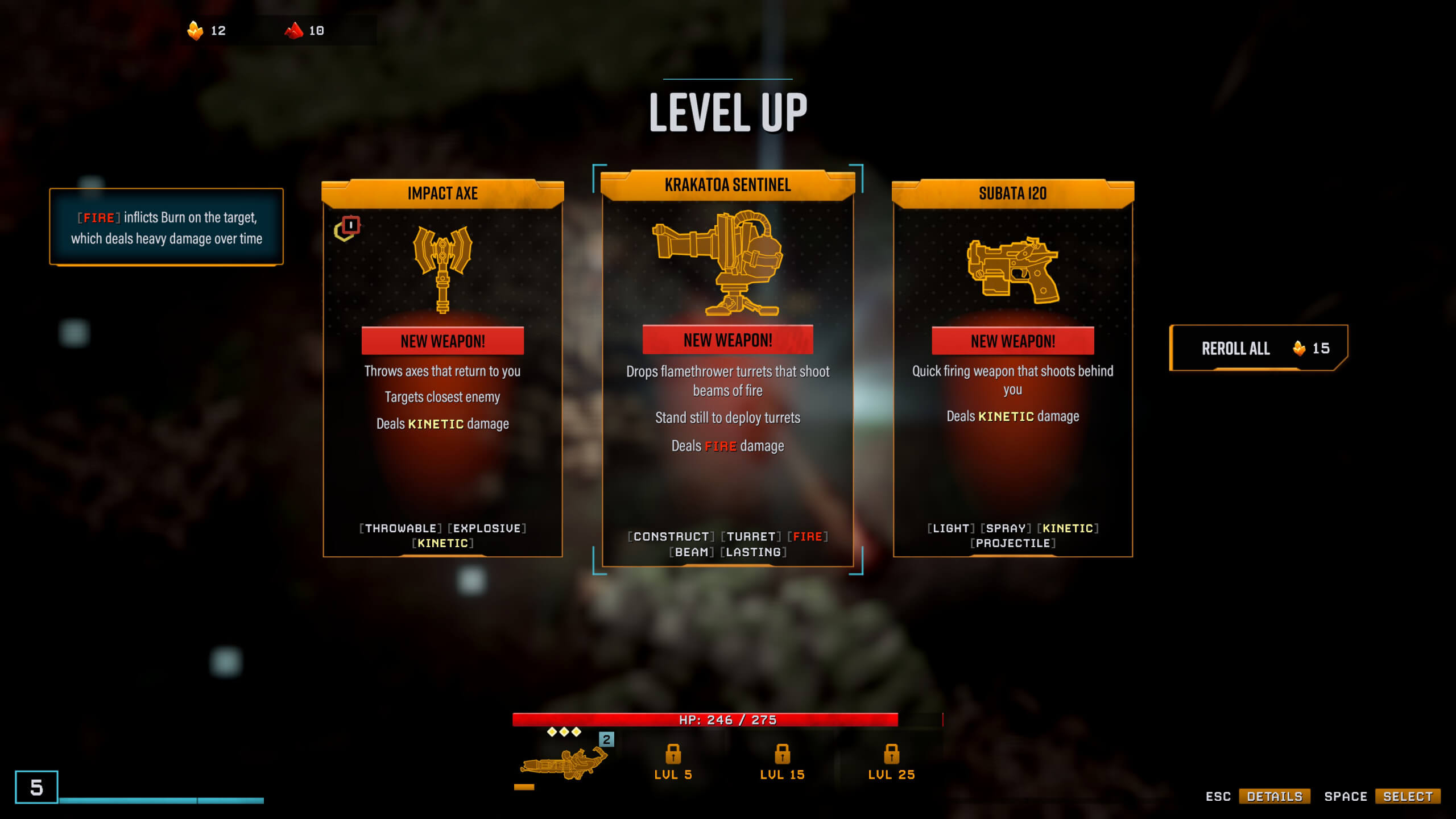 The level up screen and three options for weapon choice at that level are shown. Each weapon provides a description of how it operates and different attributes, such as the middle being for a turret that the player must pause to place.
