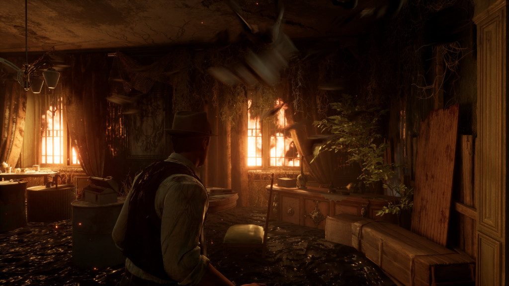 screenshot showing a room that has flames burning wildly outside the windows while within the room the floor is filling up with a blood like ooze. flying creatures are a blur as they whiz around Edwards head. while the decor looks disturbing with red blood on the walls and curtains.