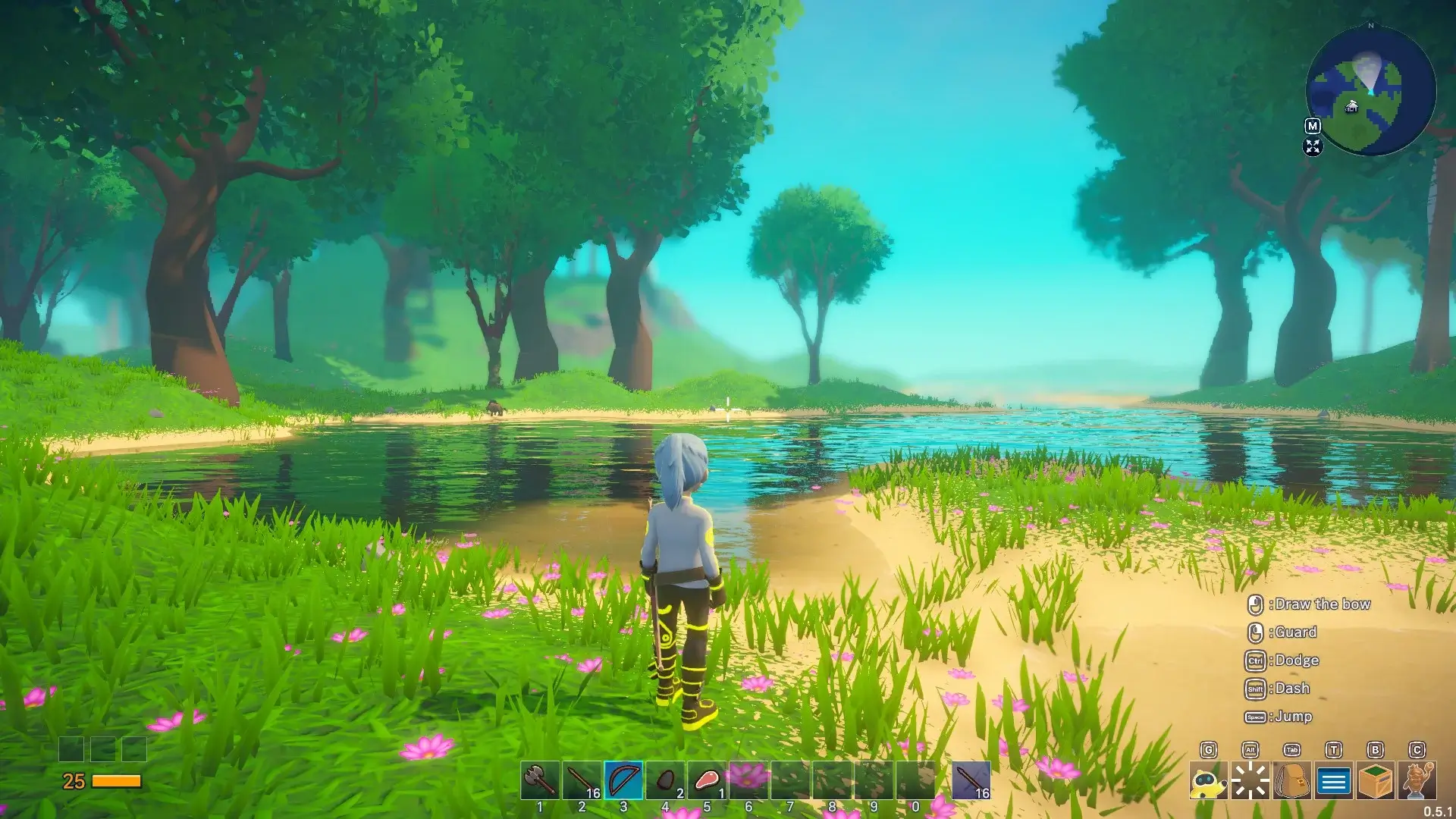The player character is in the centre of the screen, surrounded by trees and water from the starting area of the game