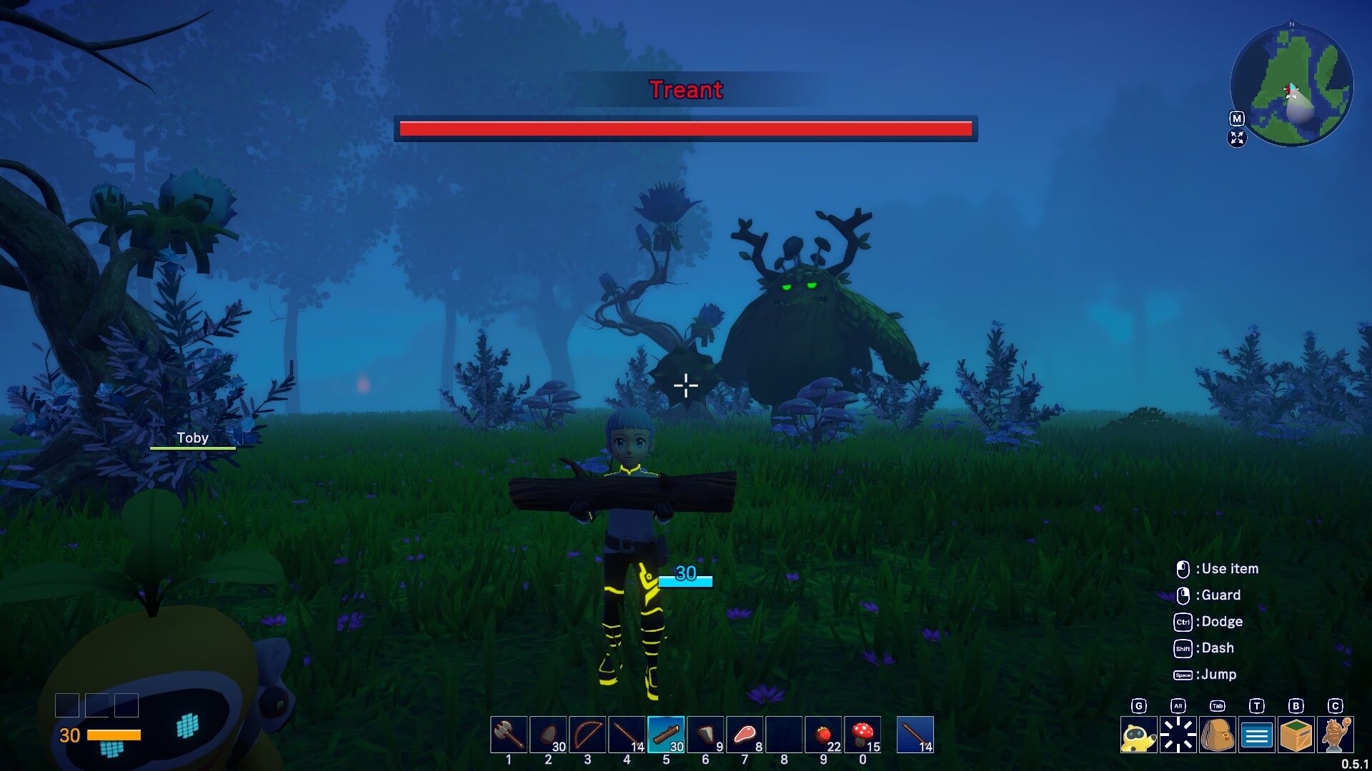 The first main boss of the game - Treant - chasing the player character away from the summoning area.