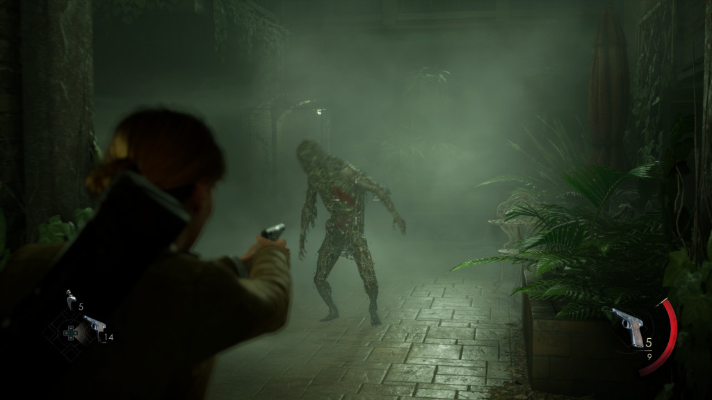 screenshot showing a plant based monster walking towards emily who is firing a pistol at the monster. The floor is a grey paving while the area is surrounded in foliage that is draping down.