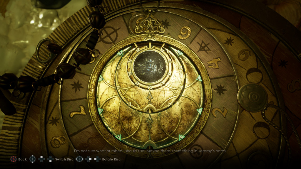 screenshot showing a gold medallion puzzle that consists of 3 rotating dials that have numbers on them.