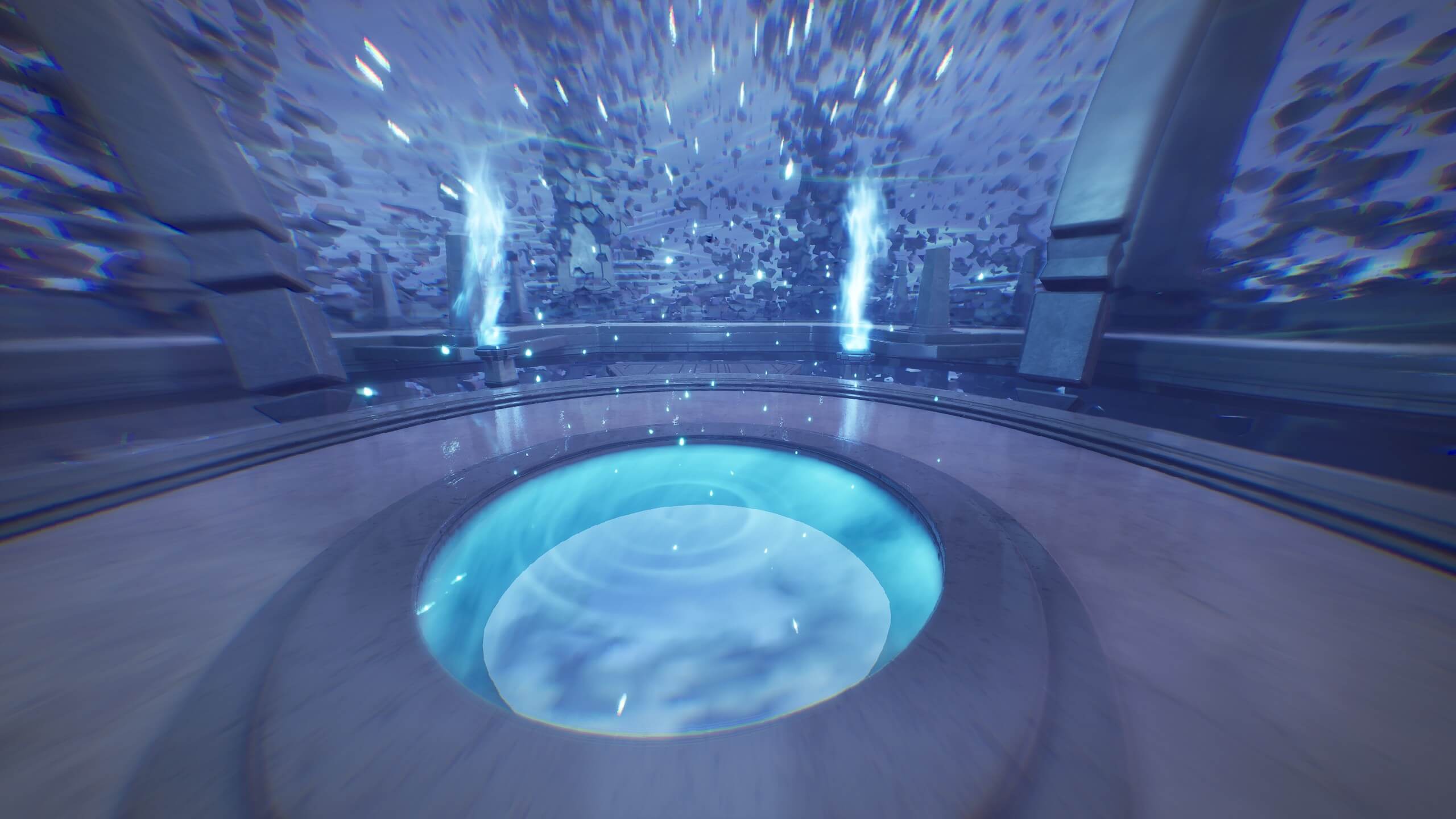 A shimmering blue and starry-looking tint surrounds the player, standing on a circular slab of stone or similar material. A portal to dive into is seated in the middle of the circle.