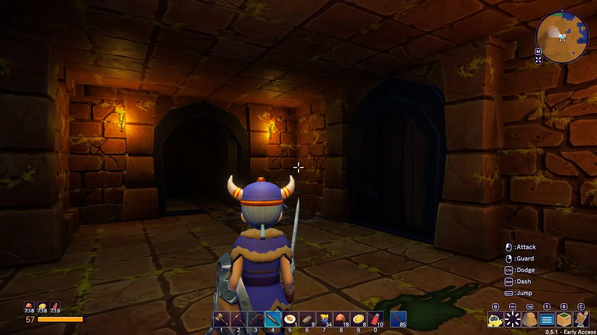 Inside one of the dungeons in the wilds. The player character is in upgraded equipment.