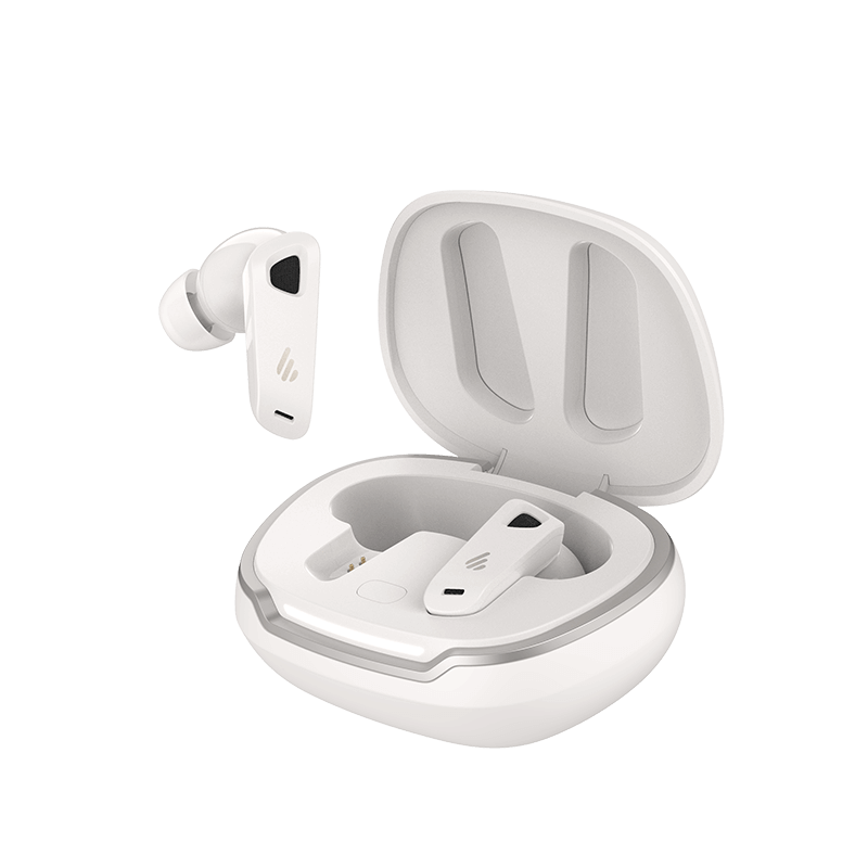 the edifier charge case with one earbud removed from the case on a white background