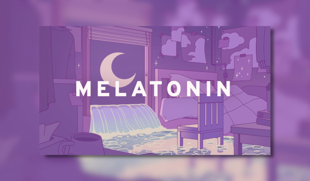 The cover art for Melatonin showing an open window puring with water, and a moon outside. the text 'melatonin' is centred'