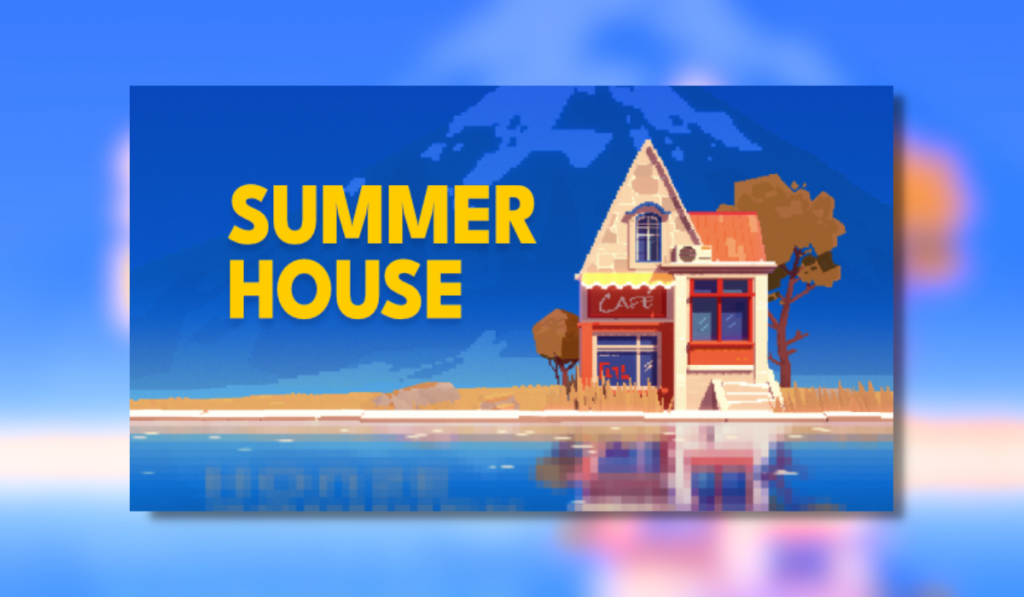 The key art of SUMMERHOUSE. It shows a red and beige cafe with a mountain landscape in the background.