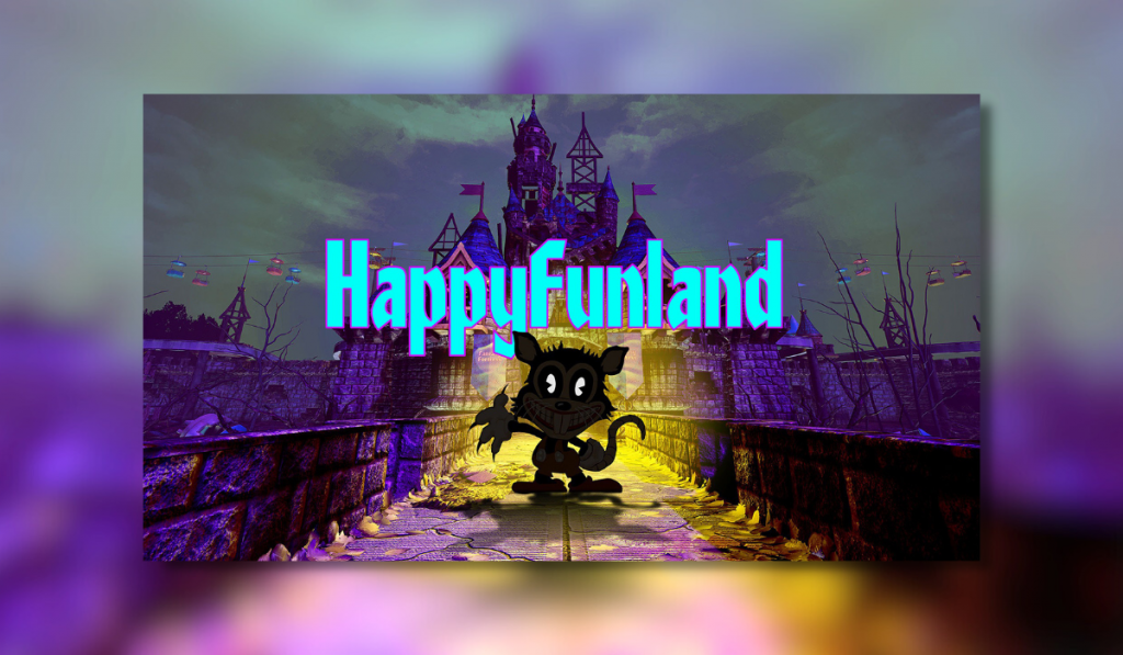 happyfunland featured image showing a game character in front of a darkened amusement park. The game title in blue across the middle of the screen.