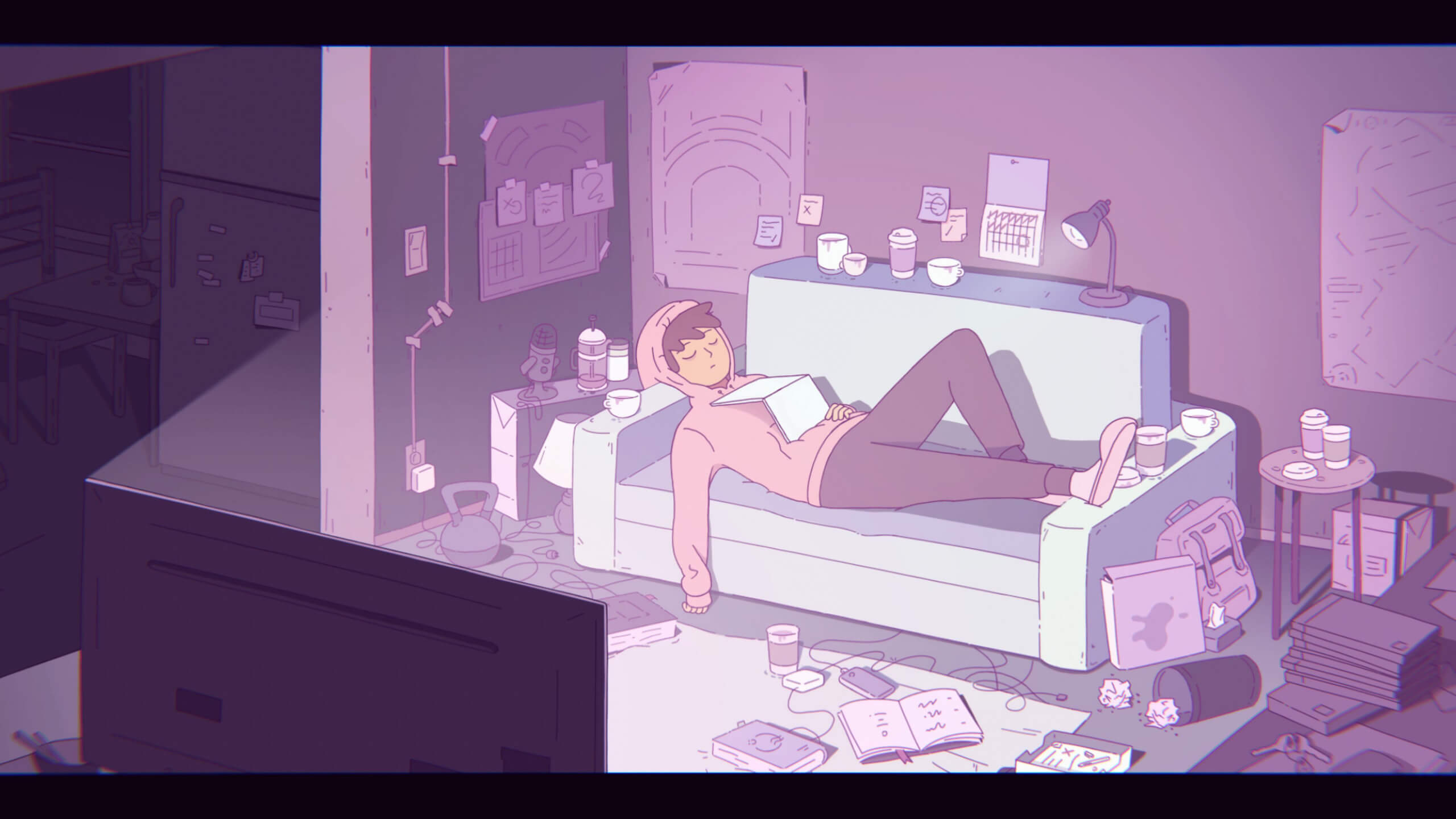 the main character lying asleep on their couch surrounded by lots of coffee