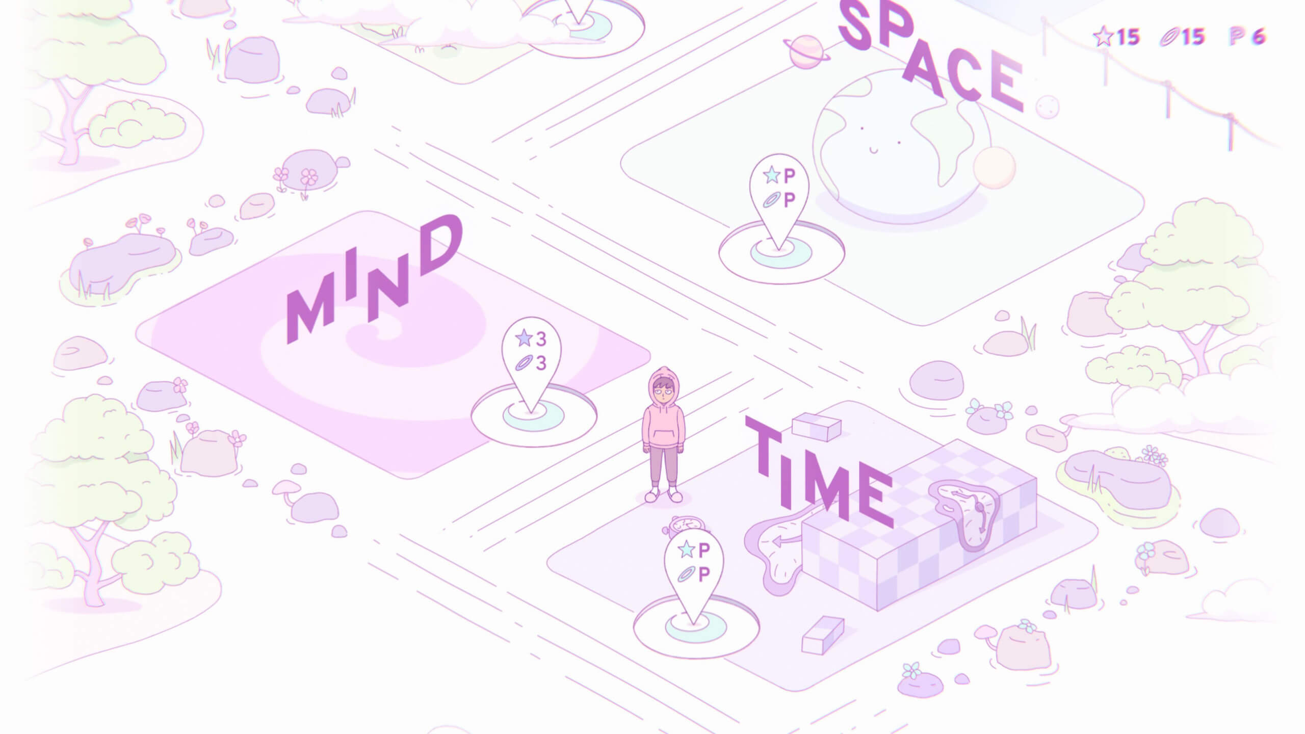 The main character stood centred in a hub world surrounded by different level choices like 'mind' 'time' and 'space'