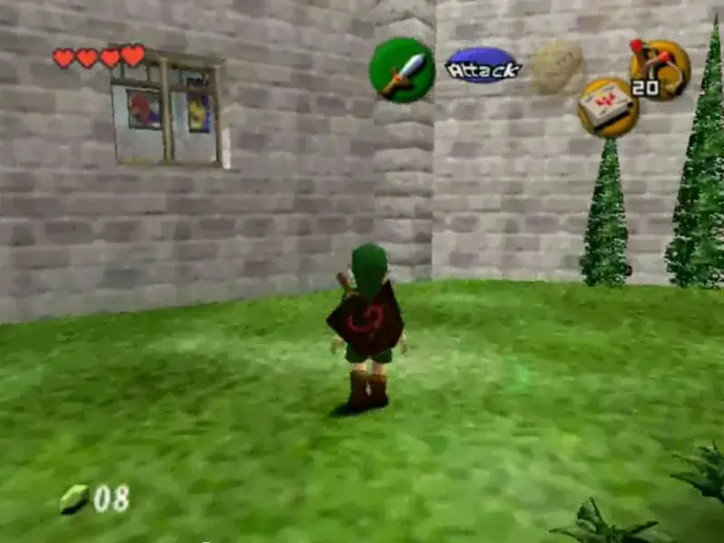 screenshot from a scene in Zelda game Ocarina Of Time with portraits of Mario characters on the wall of a castle