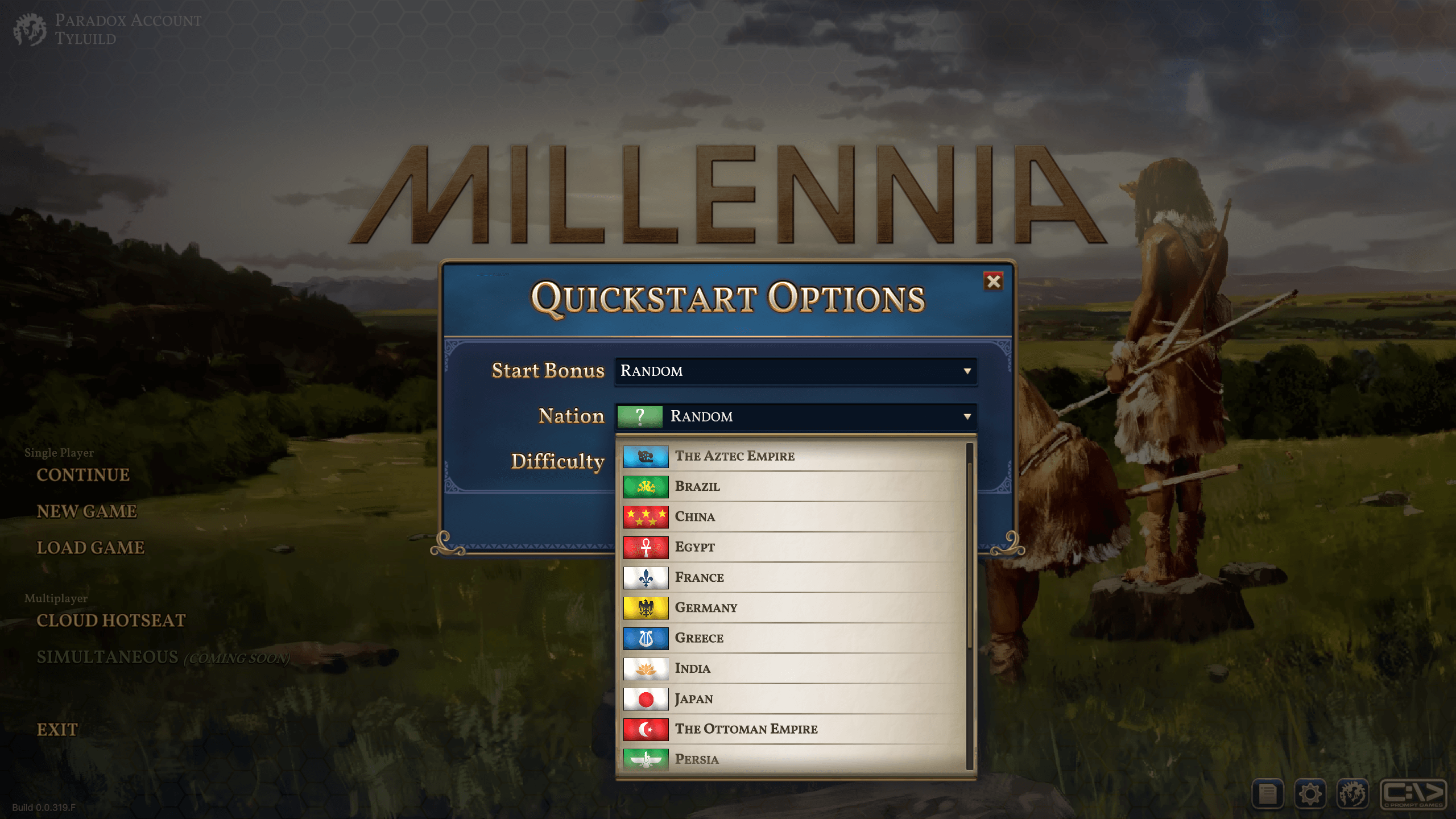 Quick Start menu for Millennia showcasing different nations you can be such as England, Japan etc