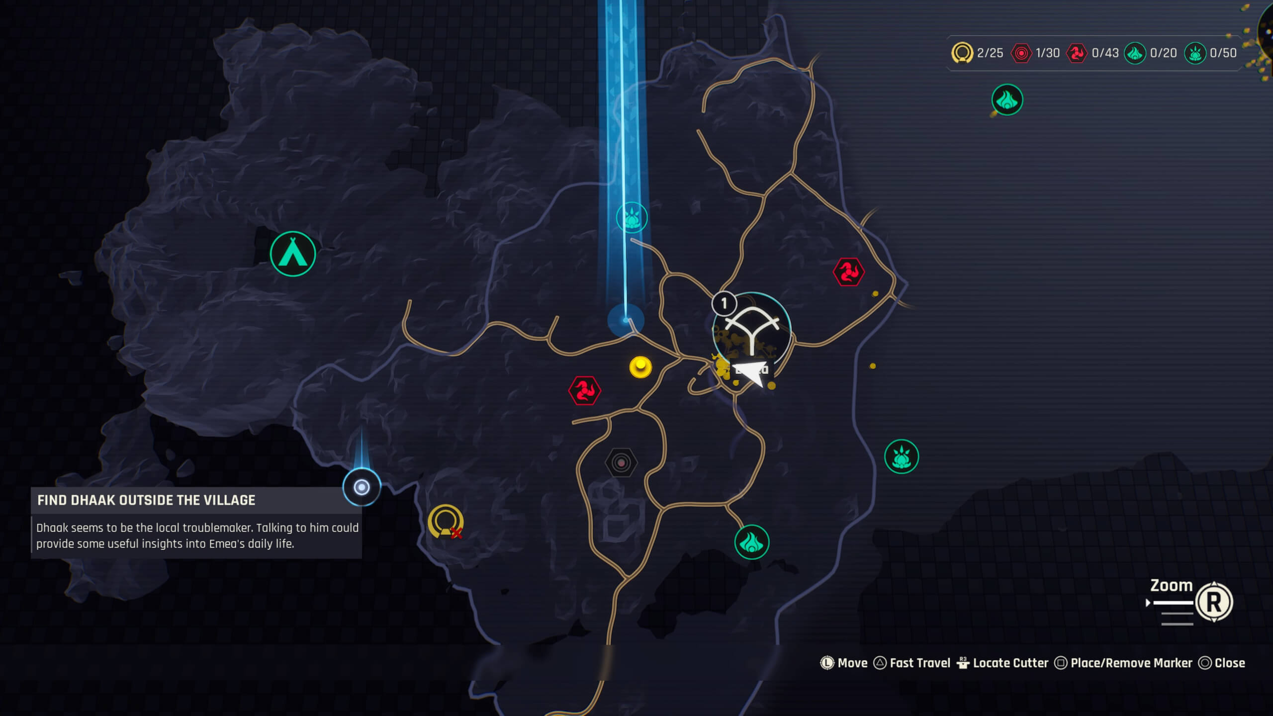 The map in Outcast. The different symbols are for the various activities in the game. While the large blue beam is to tell the player the location of the main objective.