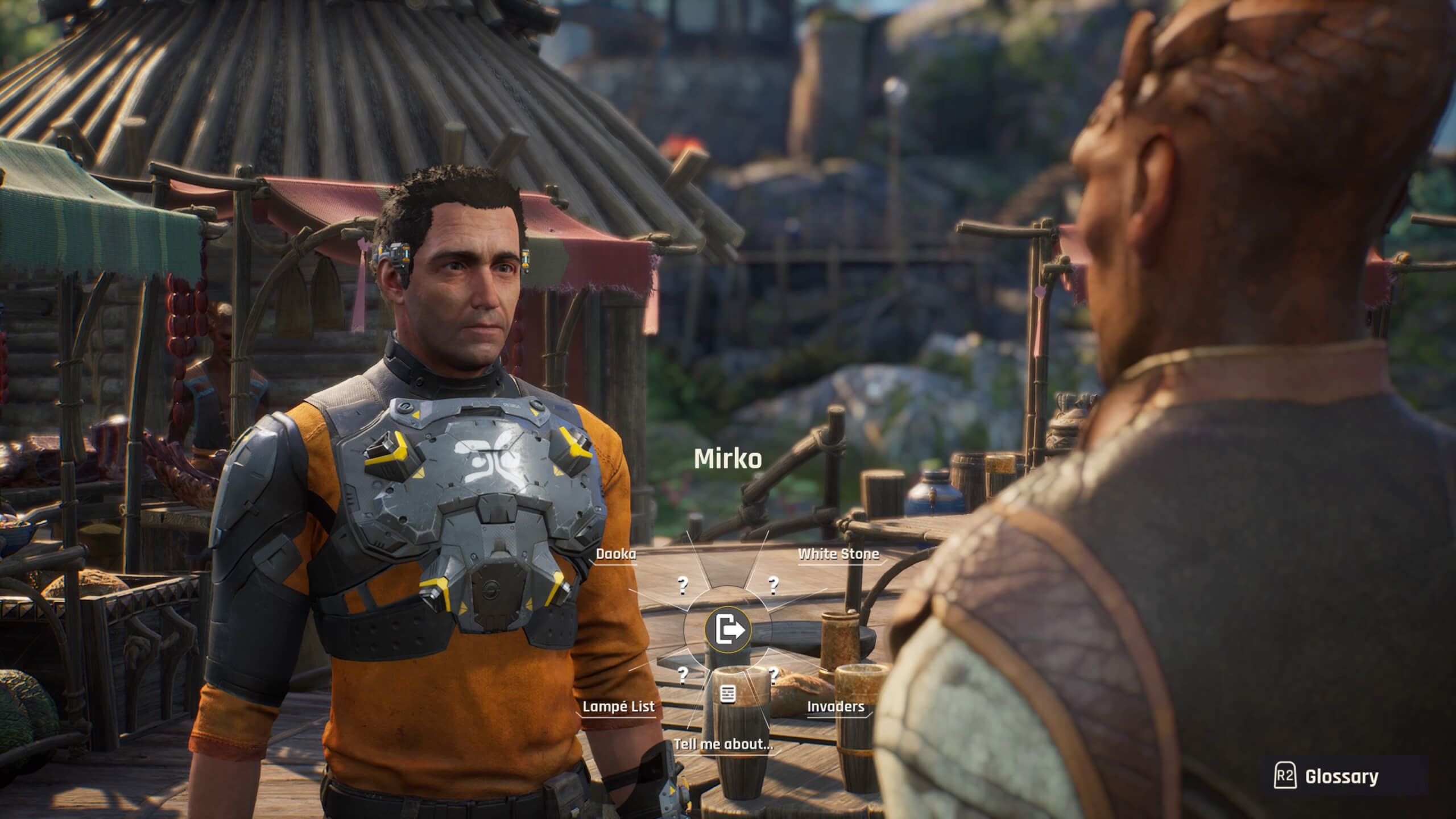 I am talking to one of the Talans whose name seems to be called Miriko. In the centre between the two characters is the dialogue wheel.