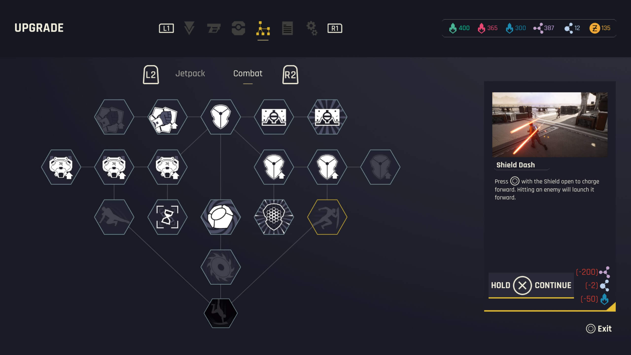This is the skill tree for the shield. I have purchased a couple, and any I haven't are dimmed out. In the top are various symbols for the different tabs. The far right displays how much I have for specific resources.