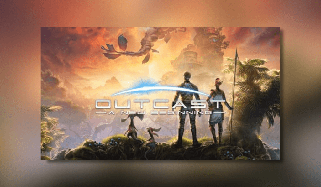 Two small alien creatures with large ears are sat next to a man's left, who in turn as an alien woman stood to his right. They are all looking at a sunrise in the distance. The game's title in blue is the foreground of the whole image.