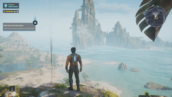 a Gif of me checking out the scenery of Adelpha. you can mainly see mountains and a beach before I turn to the nearby forest.