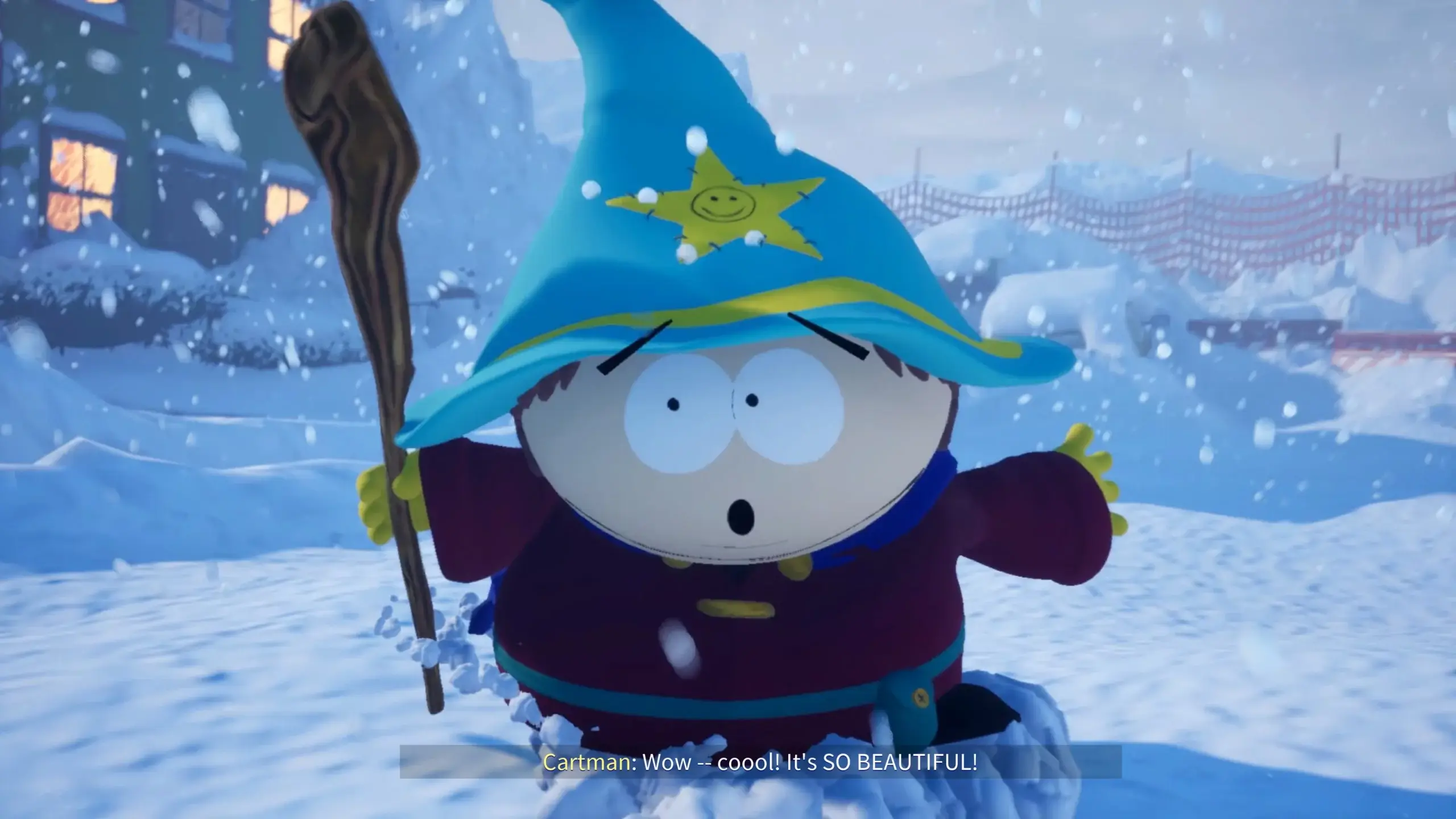 Cartmen now in his outfit from the first game and earlier episodes. The subtitles below are him expressing his joy for the snow day.