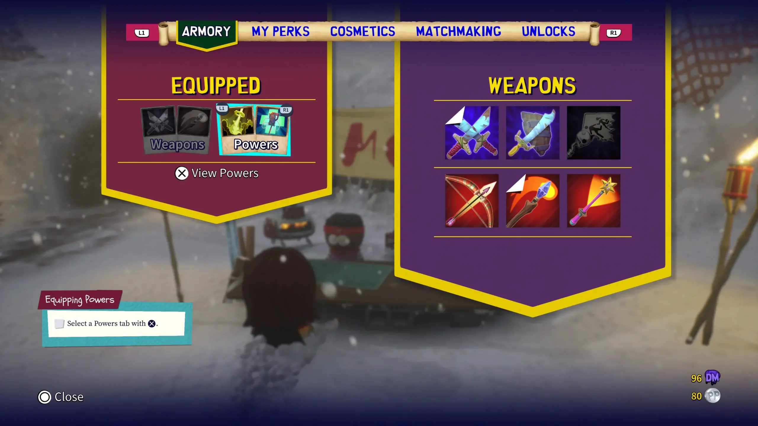 This picture shows the character Tolkein. I'm using the menu that displays the six weapons that you can get in the game. The left shows what I have currently equipped.