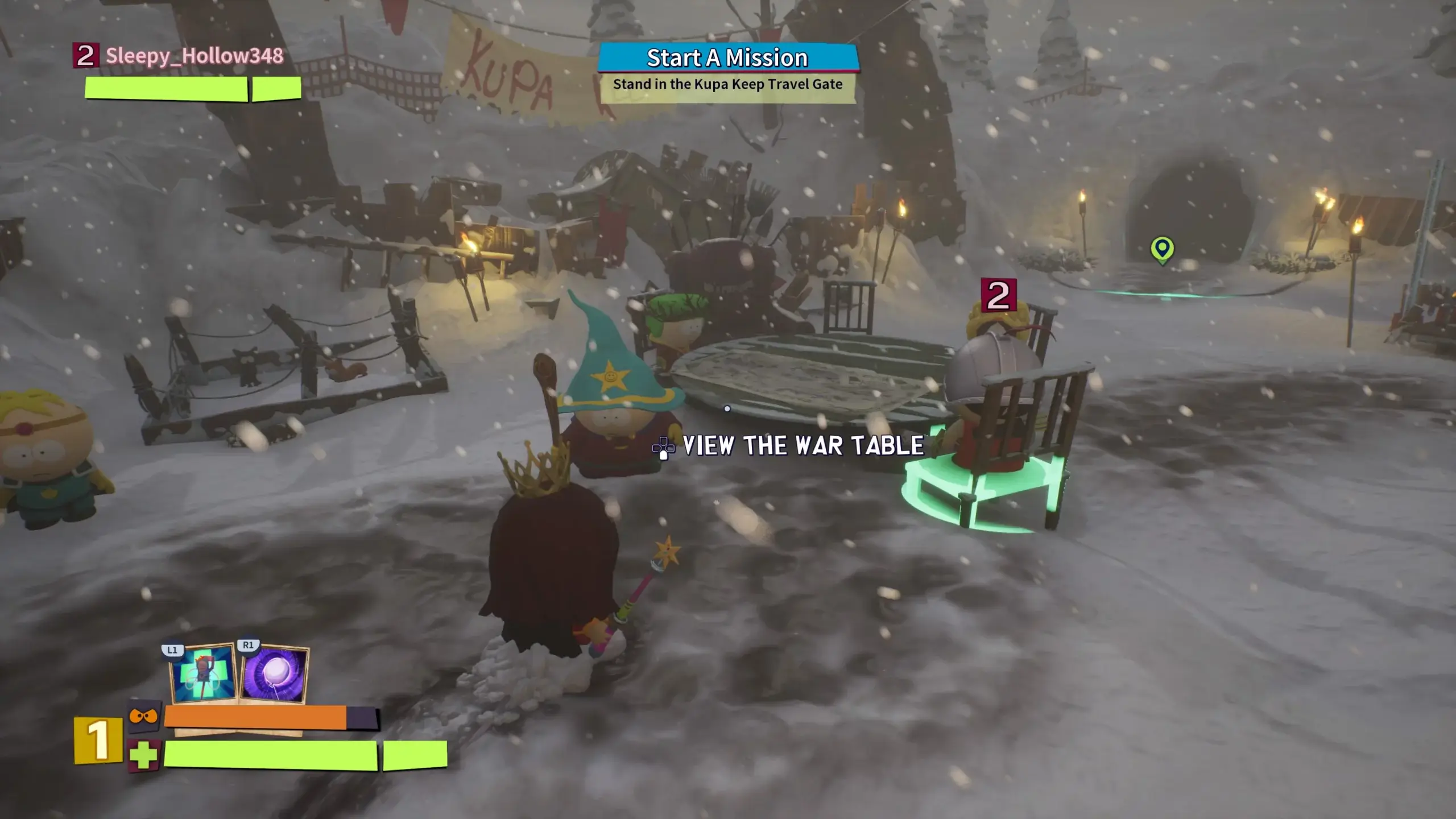 A picture of me and my brother near the War Table. Cartman and others are also nearby. The green icon in the distance is to tell the player to leave.