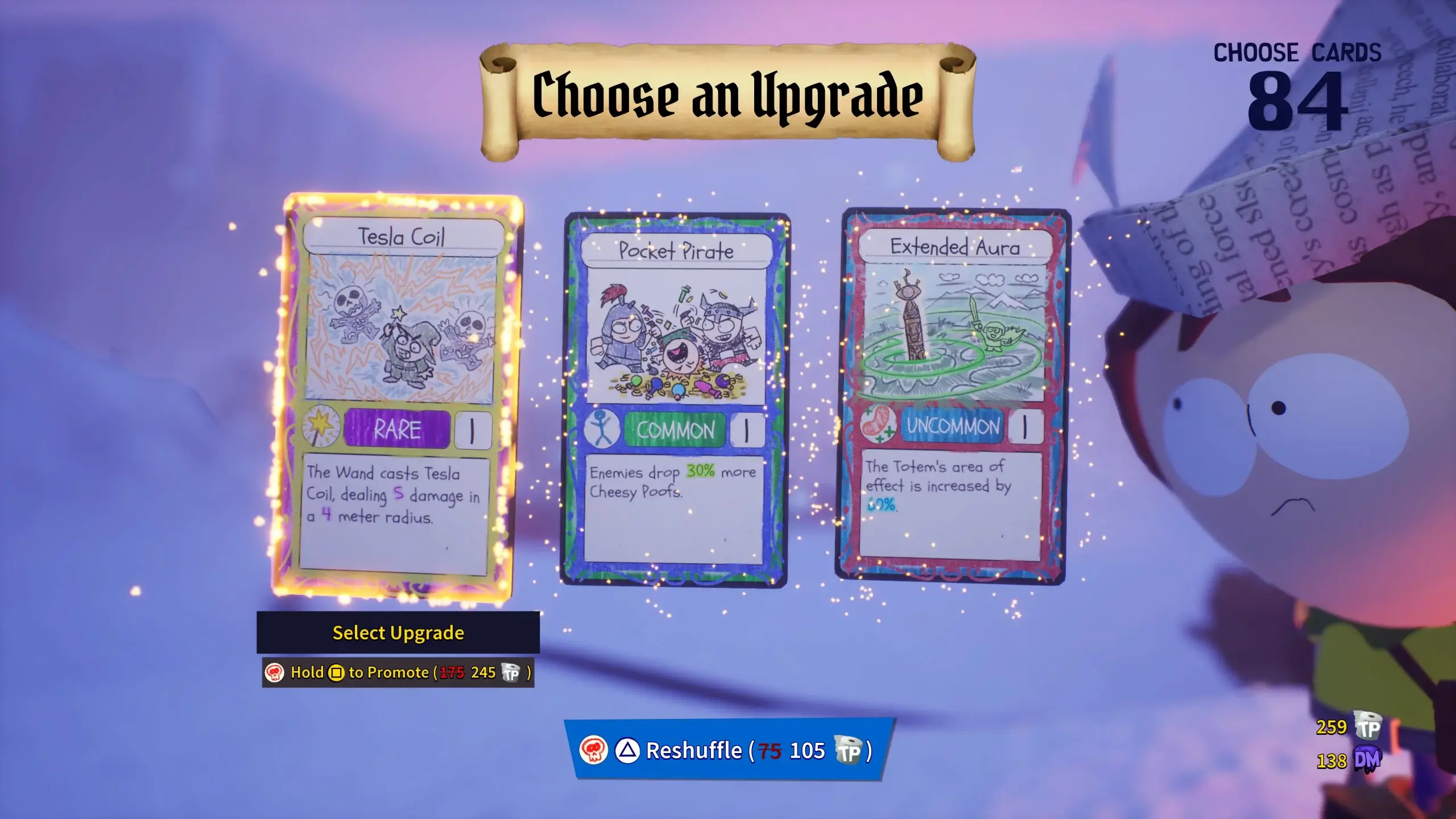 These are the three cards that jimmy (the character poking from the right) has offered me. They each have a picture that is drawn and small description of what they do. 