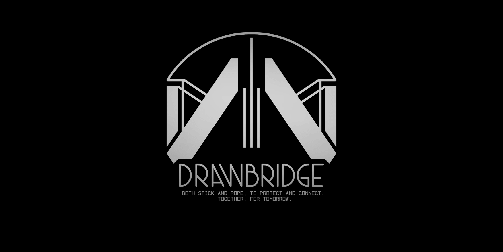 logo for fictional comapny Drawbridge in Death Stranding 2. The tagline reads: "Both stick and stone, to protect and connect, together, for tomorrow."