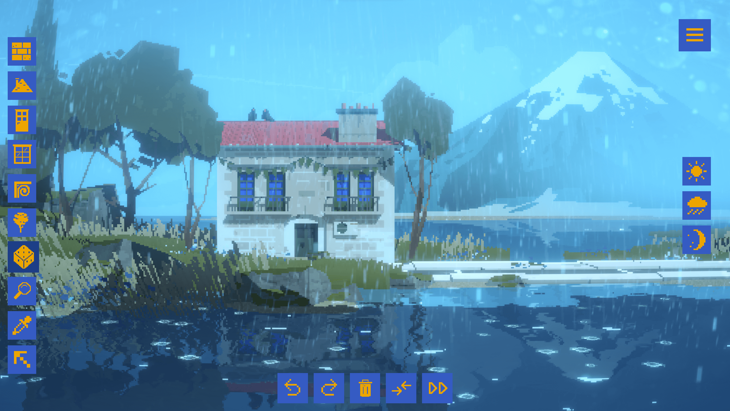 A screen shot from the game SUMMERHOUSE. A tiny house with a red roof and four windows, with a large mountain in the background. The rainy weather option is toggled