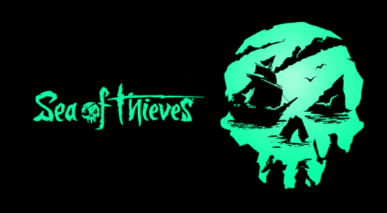 Sea of Thieves logo with a large skull with a the shape of a pirate ship and jagged rock forming the eyes and a rock arch forming the nose. The text to the left reads Sea Of Thieves