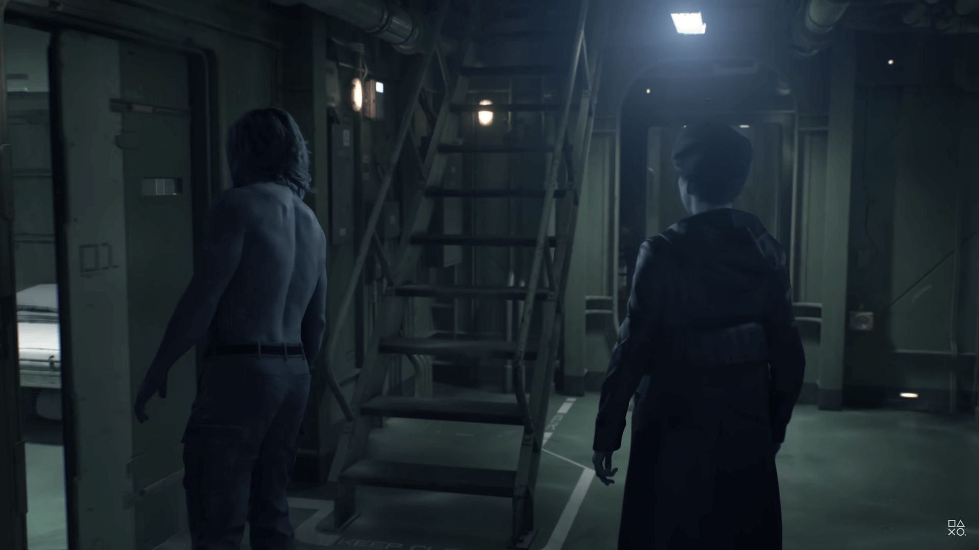 a male and female character investigate a dimly light hallway with a metal staircase in front of them as they enter a room to the left of the hallway