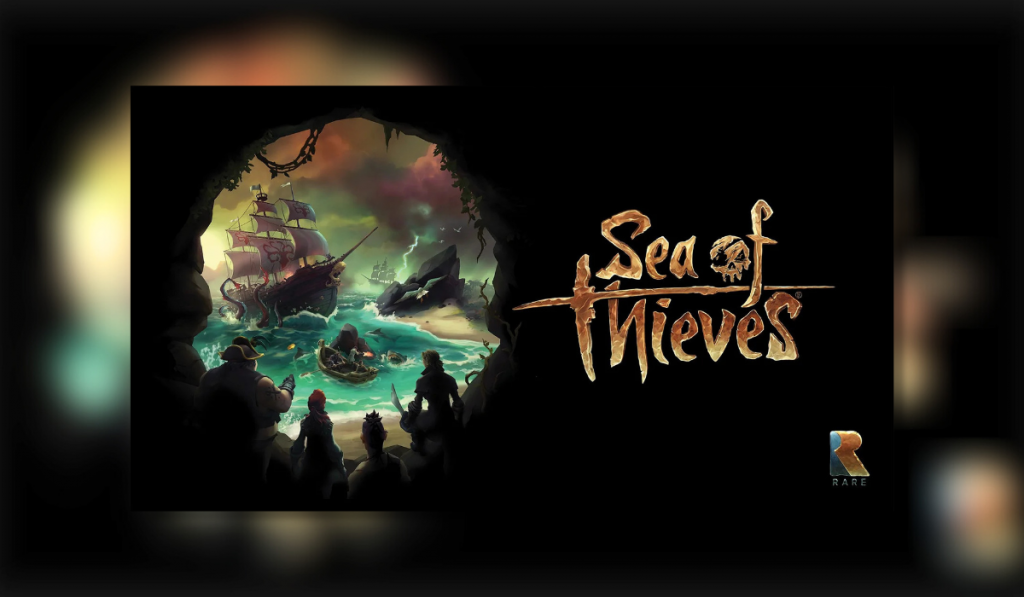 An Island in the shape of a skull within the skull shows a large ship in stormy weather. To the right of it is the Sea of Thieves Logo