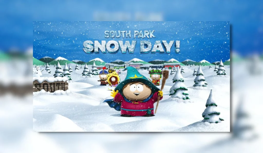 The feature image for the game South Park: Snow Day. You can see the Iconic four characters. from right to left, Stan, Kenny, Cartman and Kyle. They all are wearing fantasy style attire. In the distance is the actual town of South Park.
