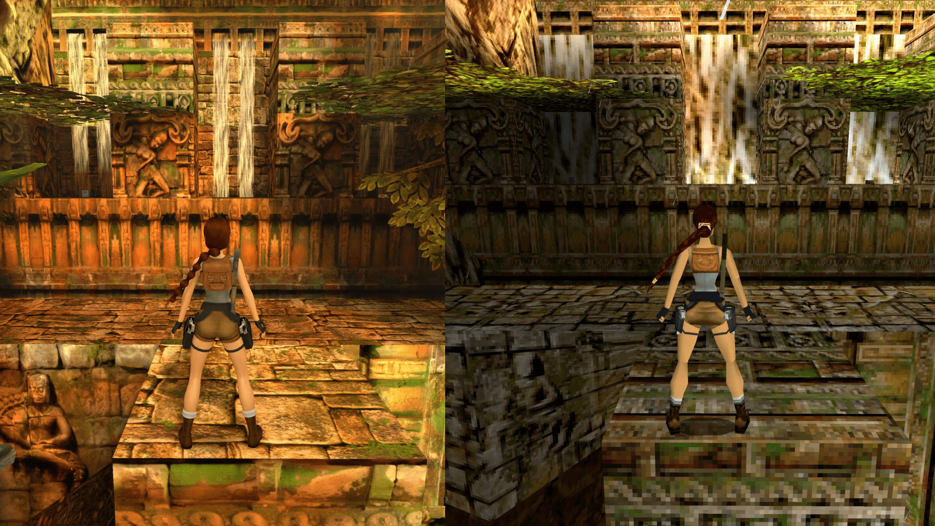A comparison of the graphics in Tomb Raider 3 from the Peru level in Tomb Raider Remastered. The newer graphics are on the left with the original graphics on the right