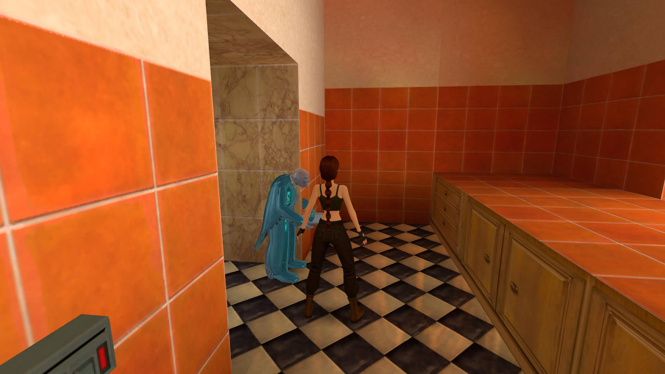 A screenshot from Tomb Raider 2 where Lara is stood in her kitchen. In front of her is her butler Winston who is frozen after being locked in the freezer.