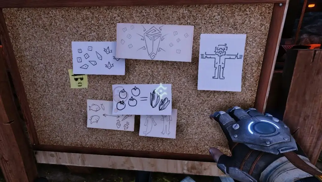 An in-game notice board showing little notes pinned to it. One is a yellow post-it note featuring a drawing of Walter White from Breaking Bad