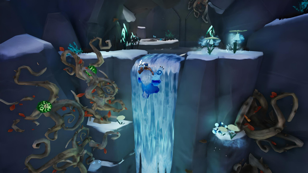 Willump and Nunu climbing a frozen waterfall surrounded by thorns with parts you can throw a snowball at the explode
