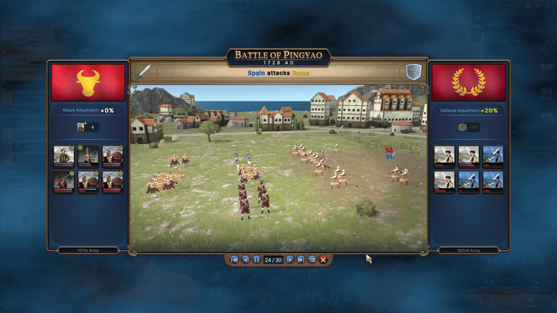 Millennia battle scene. Two rival armies either side in a field with buildings in the background. Automatic fight no way to control