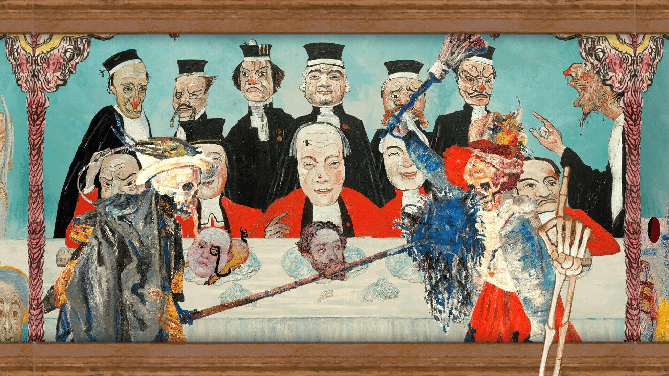 A painted scene of an array of characters all gathered around a table where heads are served on plates.