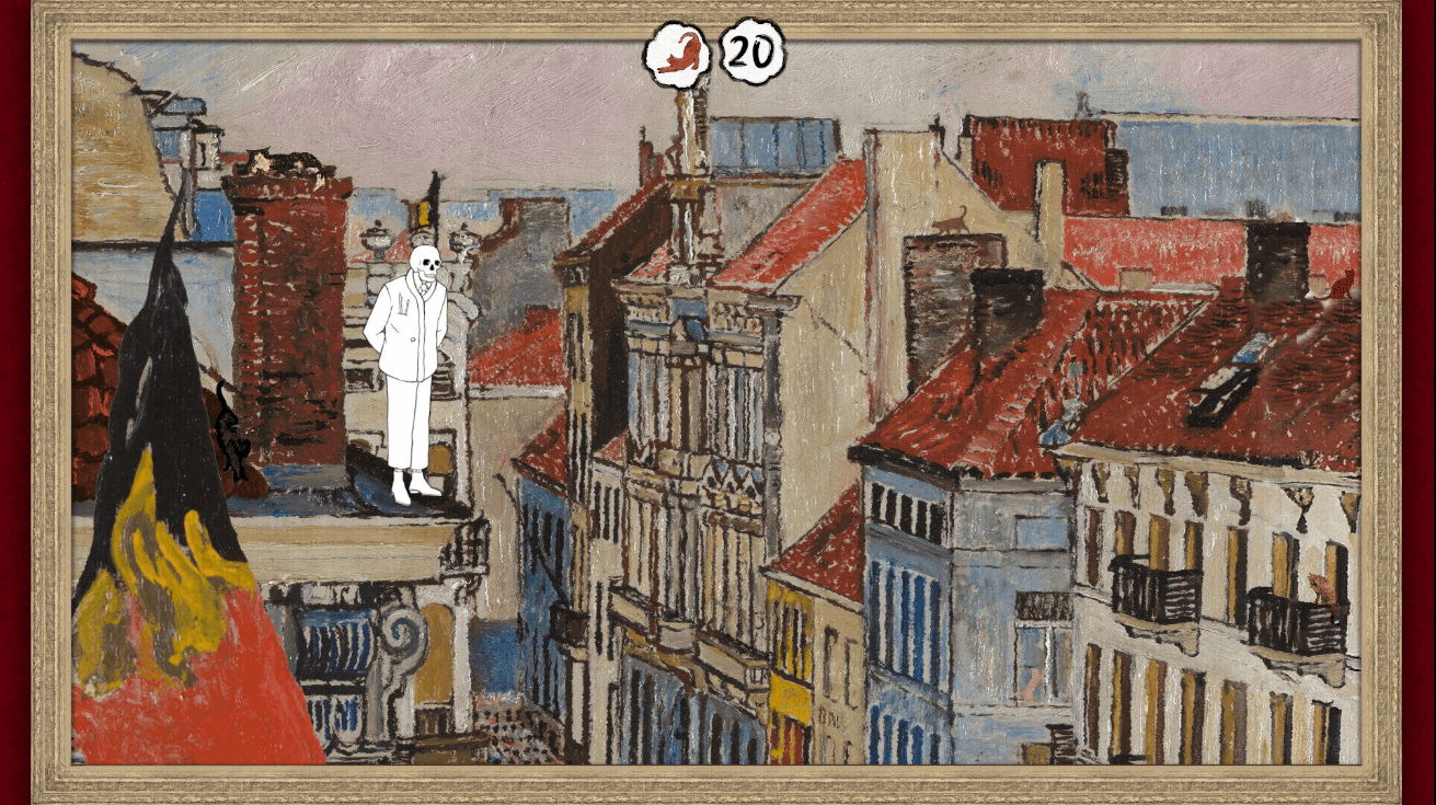 A skeleton in a white suit stands on the ledge of a building in this painting of Belgian rootops