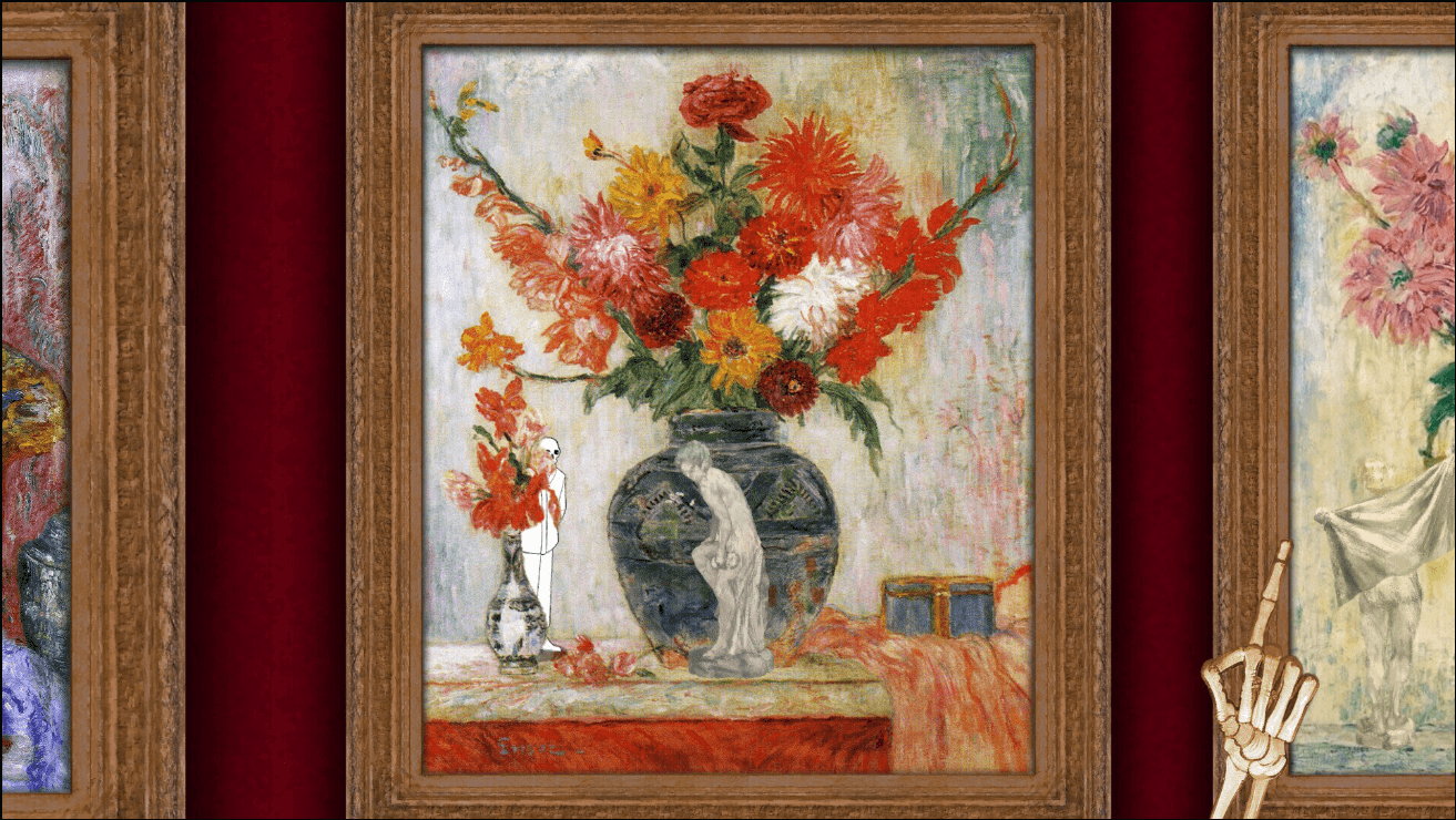 A scene of paintings in ornate frames showing flowers in a vase as a bony hand points to the one on the right