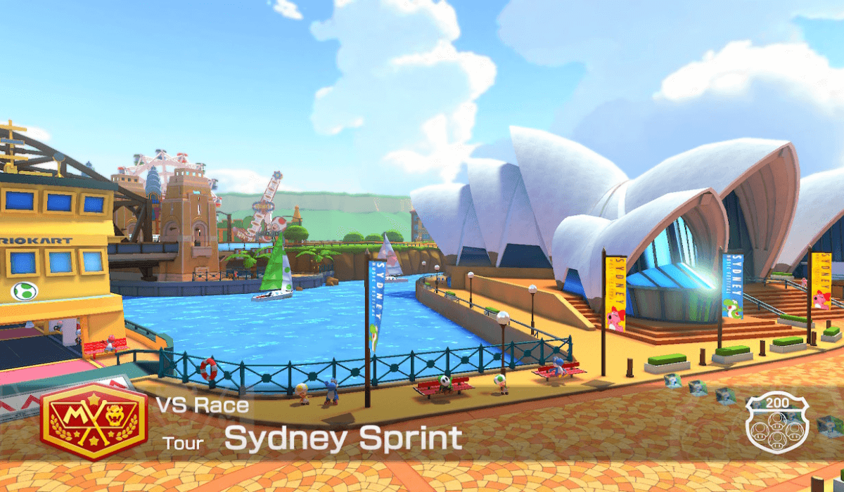 A landscape establishing shot of one of the new tracks, Sydney Sprint, which is a cartoony take on the real-life Sydney landscape.